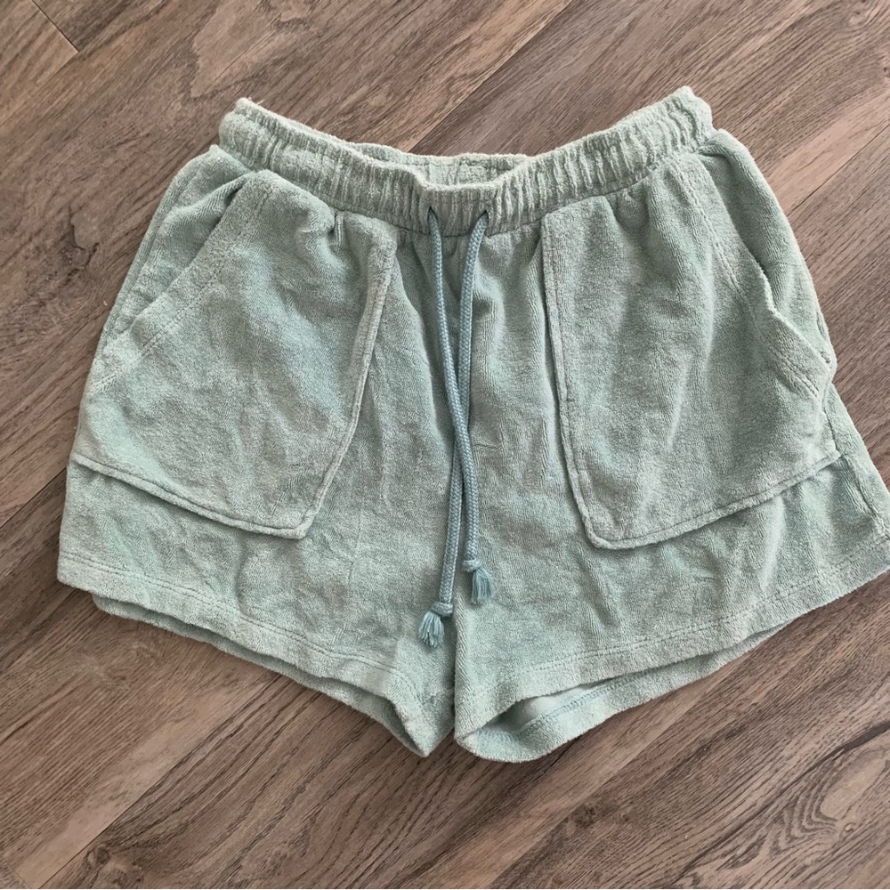 Zara Green Terry Towel Shorts Womens Medium M Front Pockets Drawstring